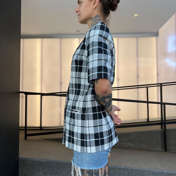 VINTAGE/Women's Long Boxy Short Sleeve Fitted Blazer Plaid Pattern sz 12 - Picture 6 of 16